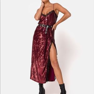Fitilia Dress Burgundy Mini Sequin w/ Black Lace